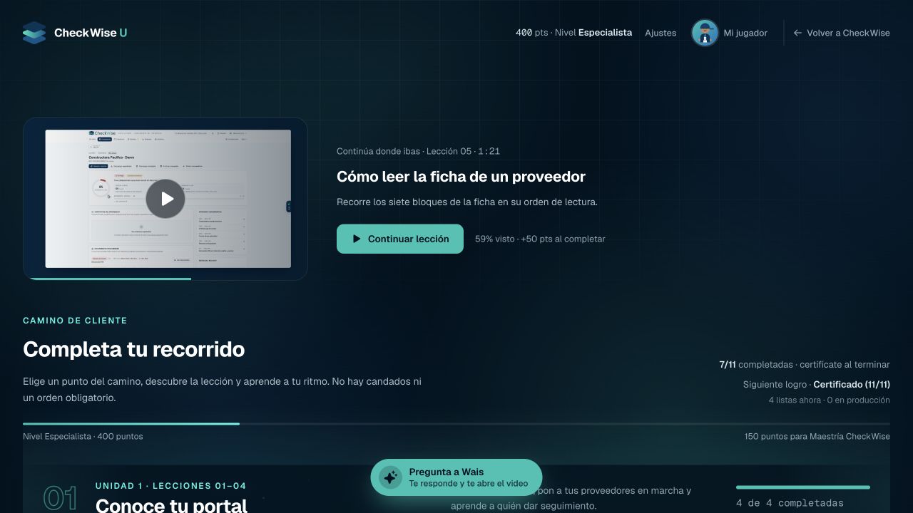 CheckWise U en la cuenta de demostración: lección del cliente, continuación del recorrido y progreso de aprendizaje.